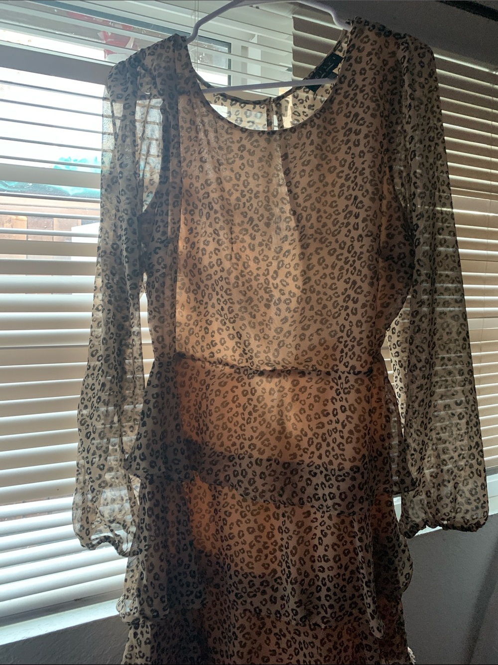 Sheer Long-Sleeve Leopard Print Women's Dress - Cream/Black